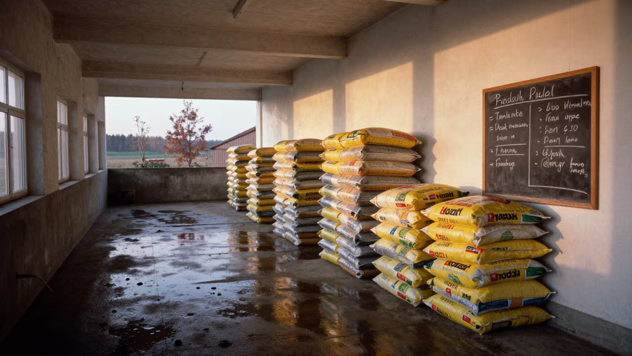Dawn Milking Lane with Yield Board Siberia in inside a machine shed with seed bags stacked high in Siberia