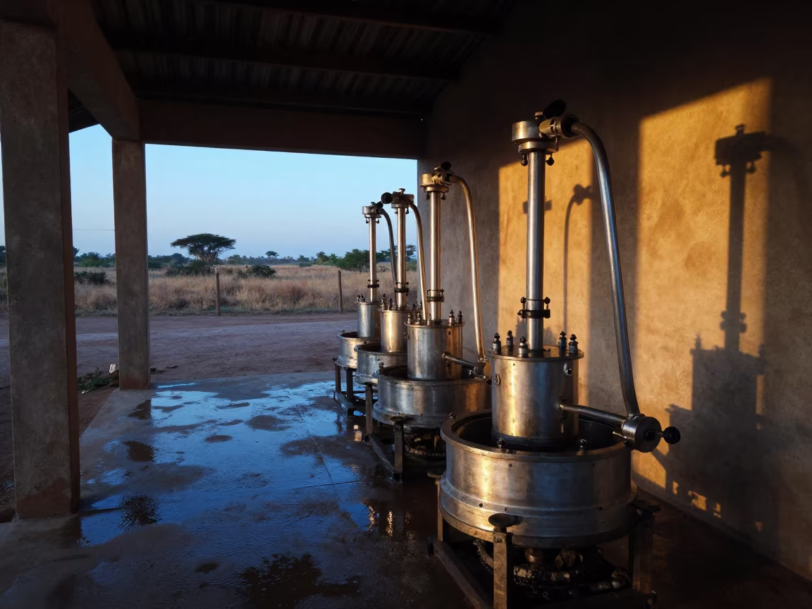 Dawn Milking Line Olive Press Tanzania in inside a village olive press in Tanzania