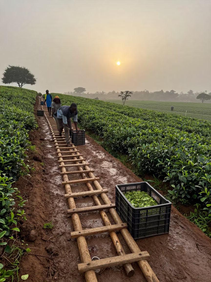 Dawn Milking Line Tea Slope Niger Rainy Season in among orchard ladders and crates in Niger
