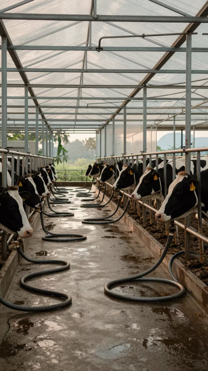 Dawn Milking Parlor Lane with Coiled Hoses in under translucent greenhouse roofing in Brunei