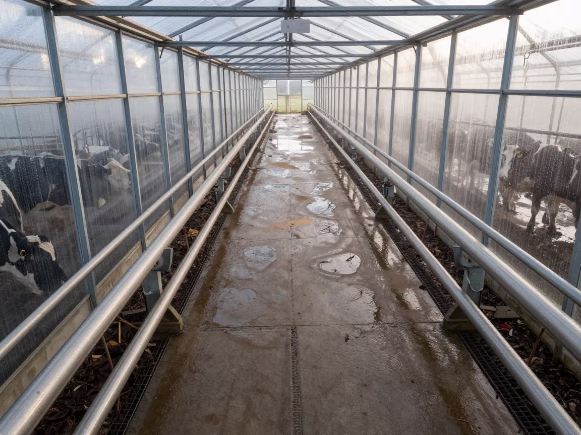 Dawn Milking Parlor Lane Wet Stainless Steel in inside a humid greenhouse aisle in Croatia