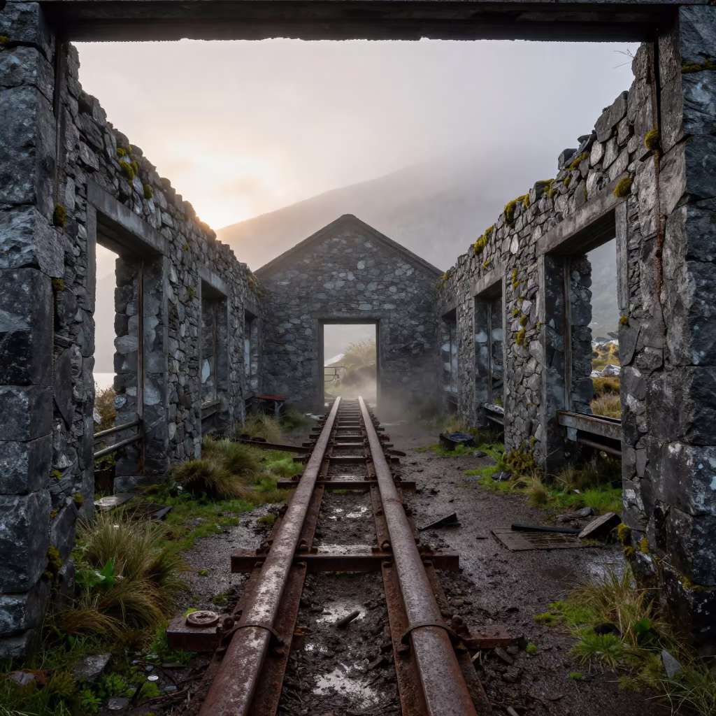Dawn Mist in Abandoned Andean Cannery Ruins in among roofless stone chambers in the Andes