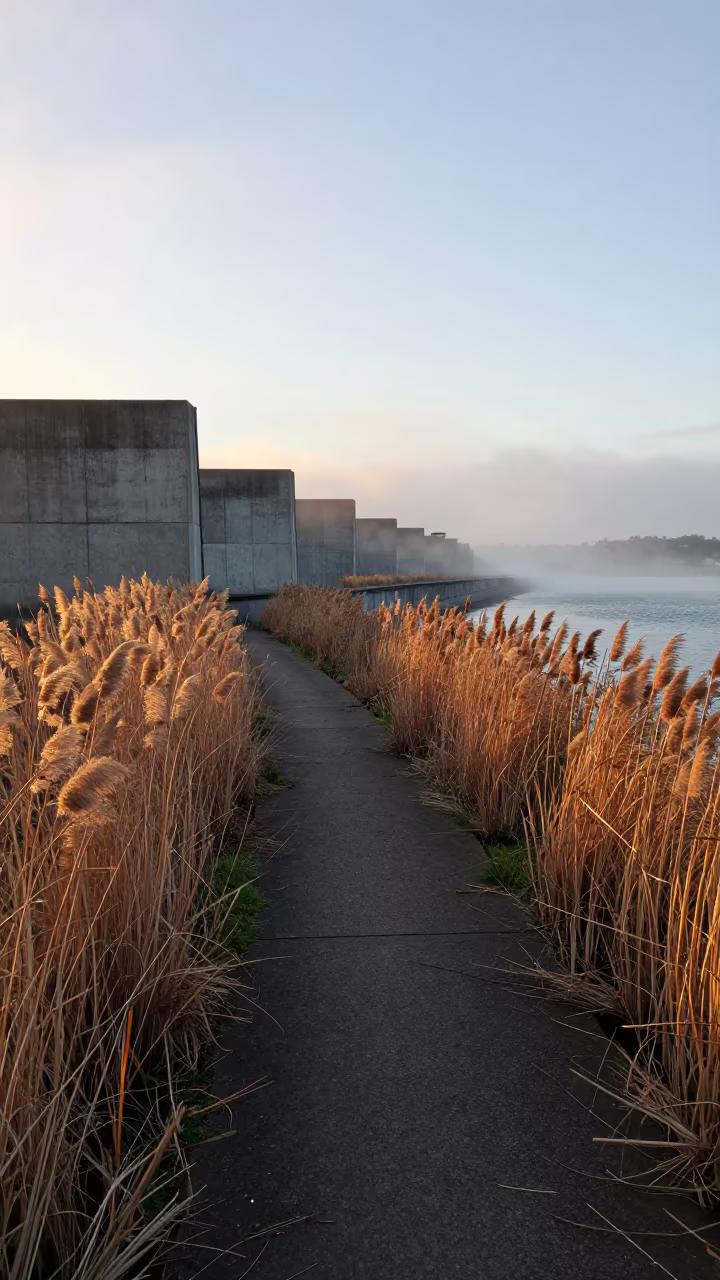 Dawn Mist Over Concrete Canal Reeds in beside a storm surge barrier near Britomart, Auckland