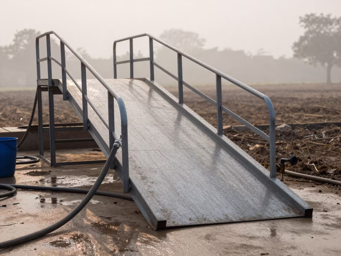 Dawn mist on Indian livestock ramp with hoses in at a stockyard loading ramp in India