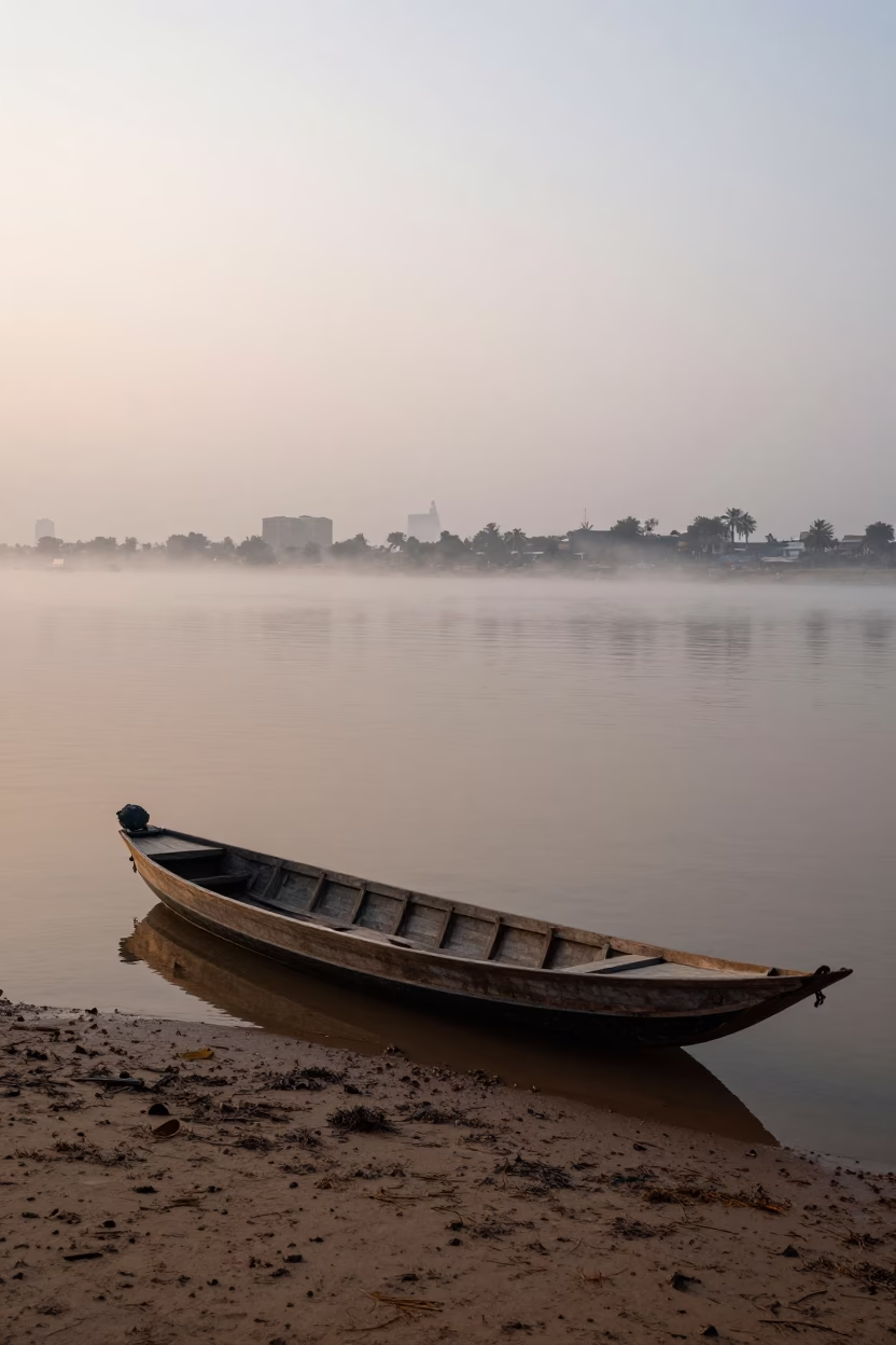 Dawn Mist on Mekong River Sampan Boat in Phnom Penh Cambodia in in Phnom Penh, Cambodia