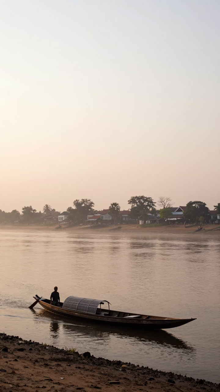 Dawn Mist on Mekong River with Sampan Boat in Phnom Penh Cambodia in in Phnom Penh, Cambodia
