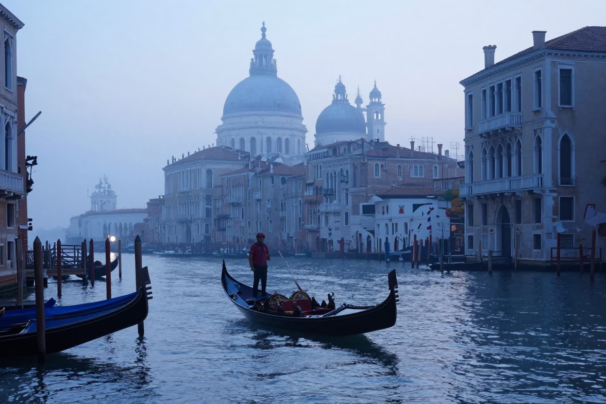 Dawn Mist on Venice Canals with Gondola and Historic Architecture in in Venice, Italy