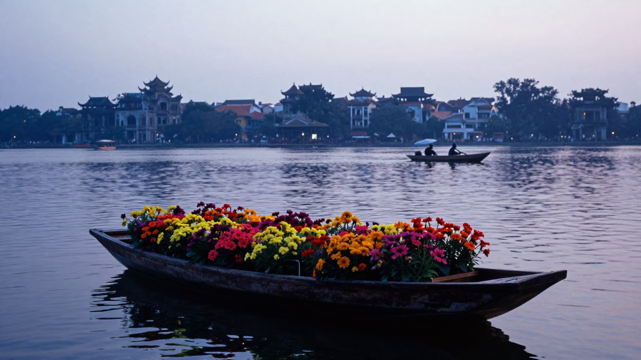 Dawn Mist Over Hanoi River with Sampan and Flower Vendor in in Hanoi, Vietnam