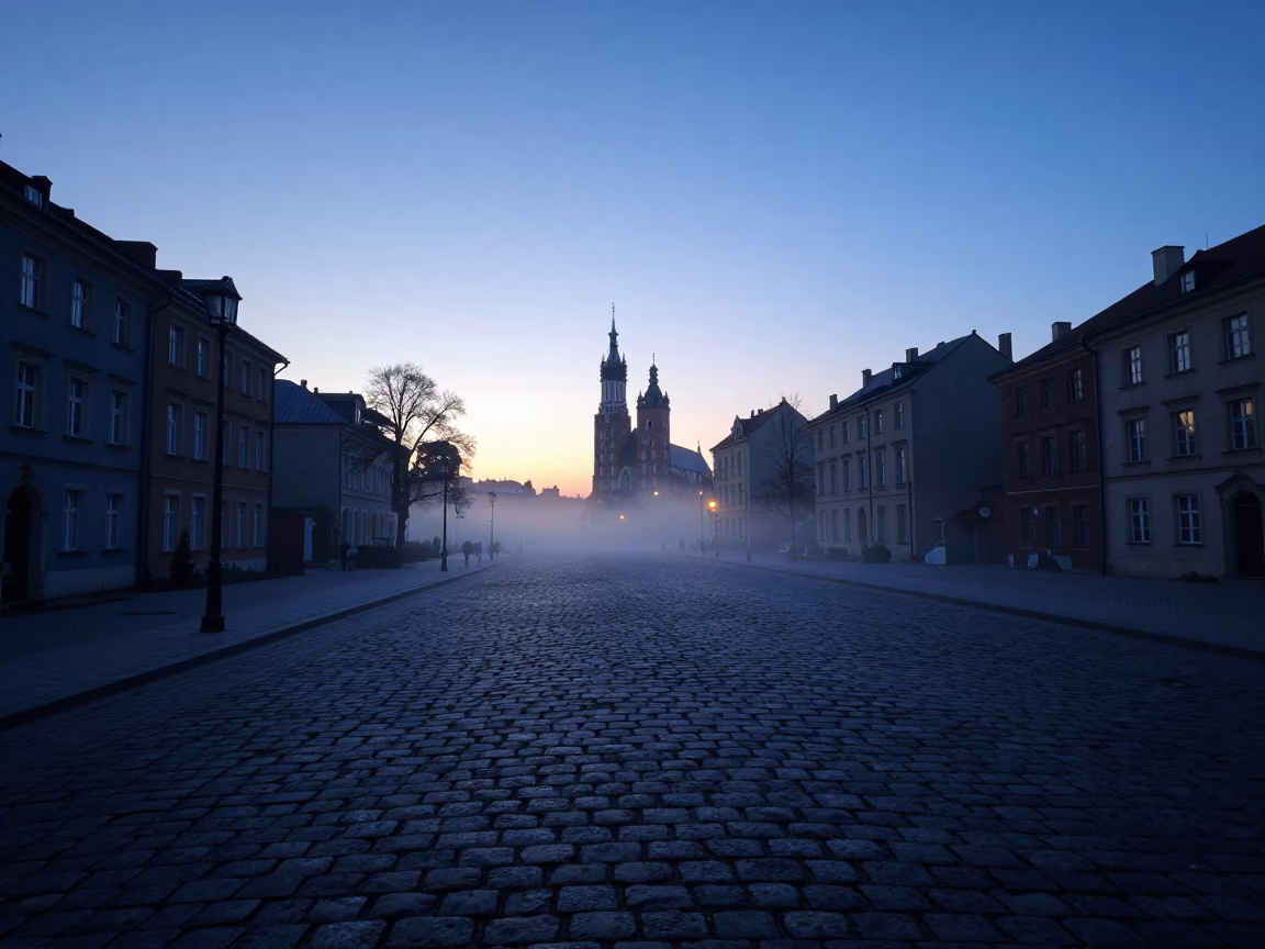 Dawn Mist Over Krakow Cobblestones with Observatory Silhouette and Stone Wall in in Krakow, Poland