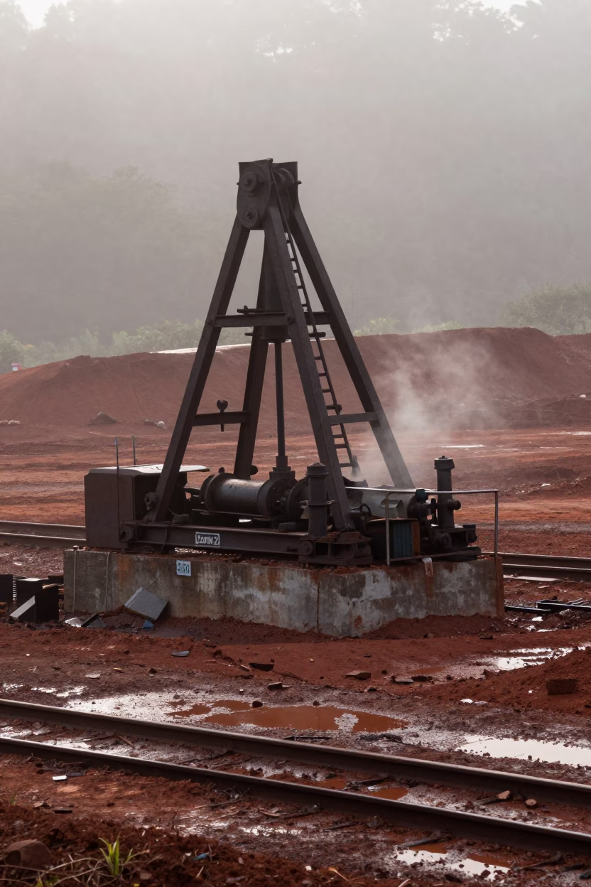 Dawn Mist Over Mine Headframe and Red Earth in across an active works site near Trinidad