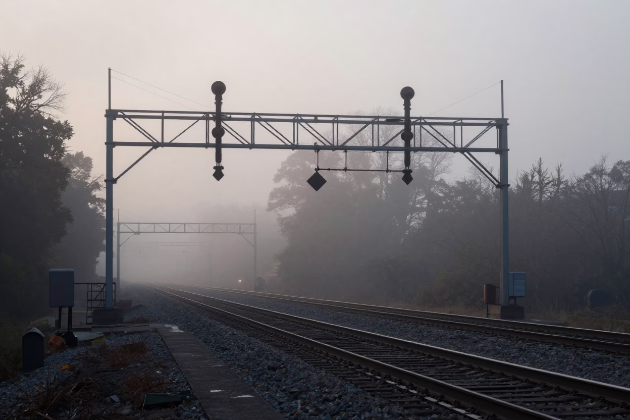 Dawn Mist Over Nashville Railroad Signal Gantry and Parallel Tracks in in Nashville, Tennessee, United States