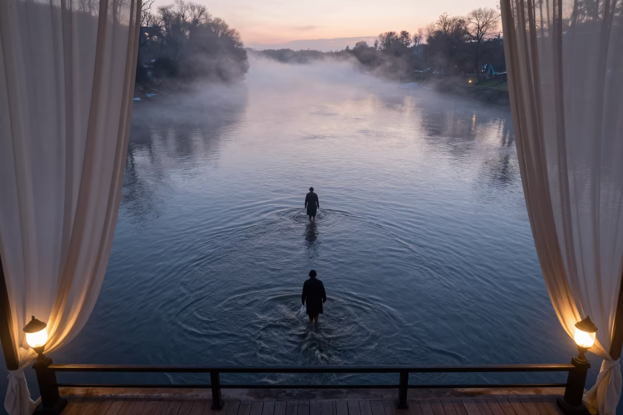 Dawn Mist Over River Pilgrims in Winter in on a pier railing near Jounieh