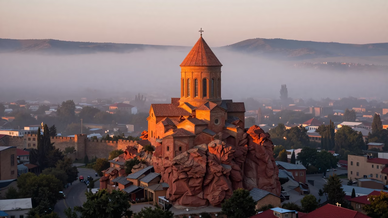 Dawn Mist Over Tbilisi Butte at First Light in near Old Town, Tbilisi