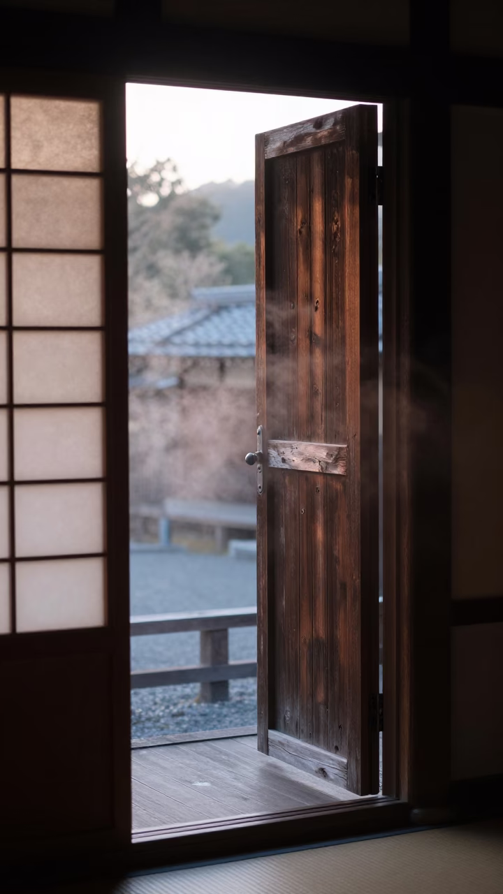 Dawn mist rising from traditional Kyoto wooden doorframe near historic temple district in in Kyoto, Japan