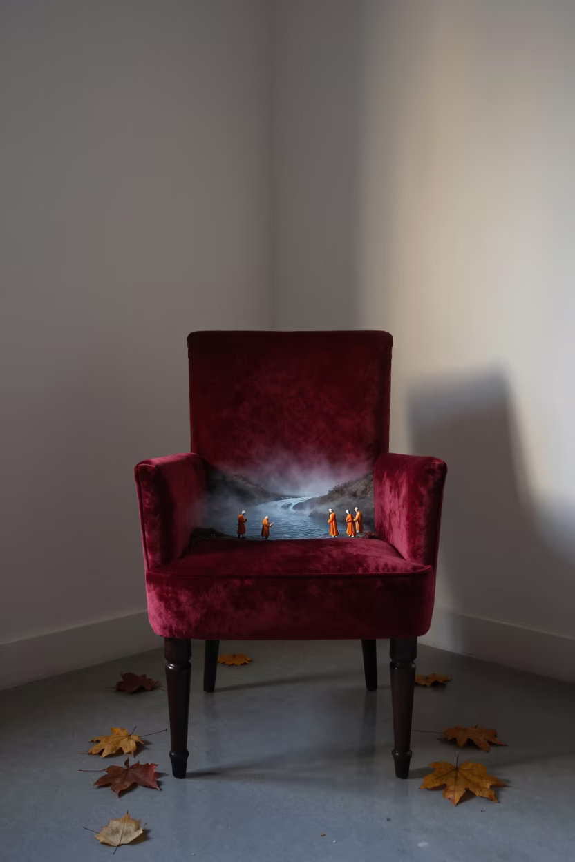 Dawn Mist River Pilgrims Indoor Velvet Chair in on a velvet chair in Belbis