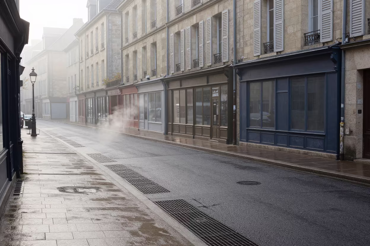 Dawn Mist Over Shuttered Shops Dijon Ramp in along a market-lined side street in Dijon