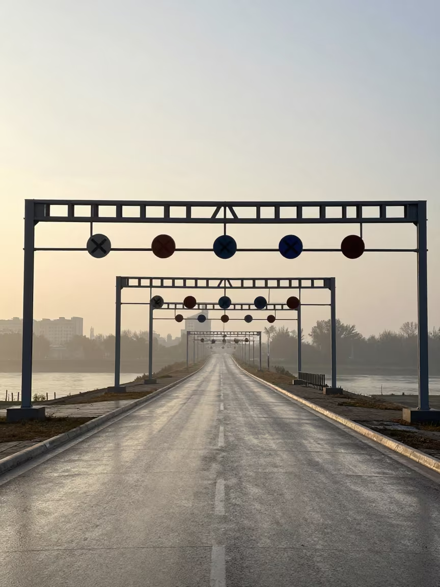 Dawn Mist Over Urgench River Gantry in across a windy overpass interchange in Urgench
