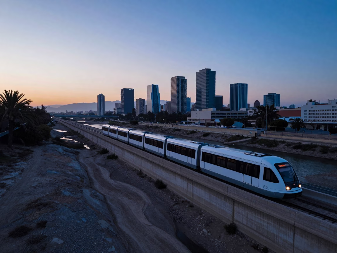 Dawn Monorail in Valencia at First Light Of Dawn in in Valencia, Spain