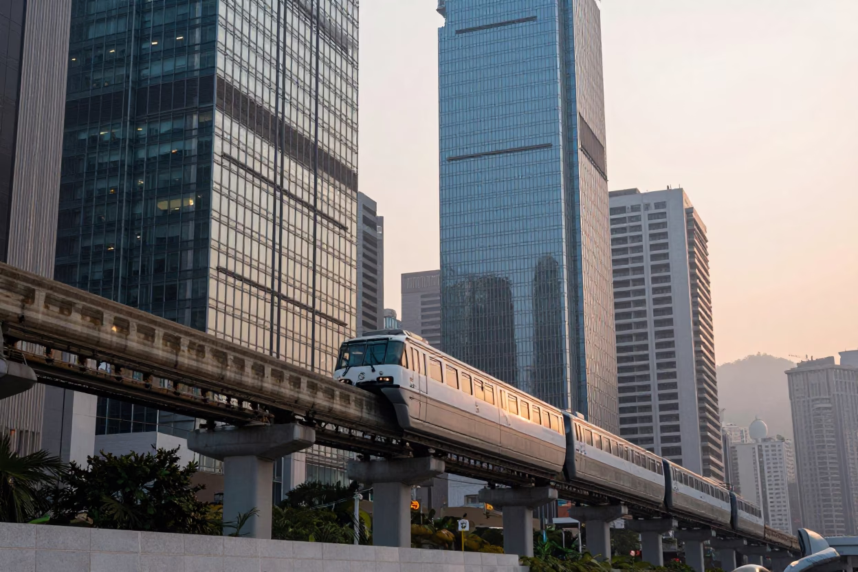 Dawn Monorail Passing Glass Towers in Hong Kong Cityscape at First Light in in Hong Kong, Hong Kong