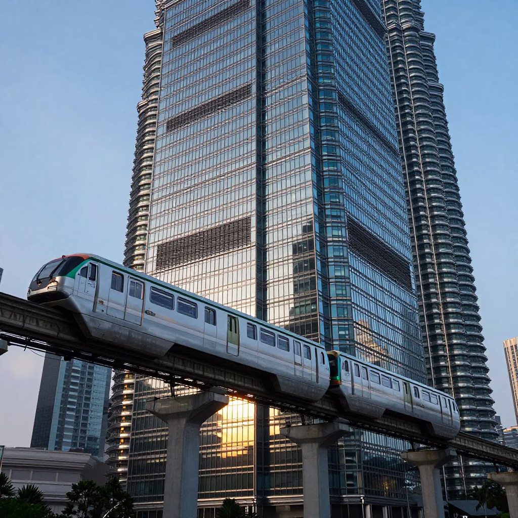 Dawn Monorail Reflections on Glass Skyscraper in Kuala Lumpur Malaysia First Light in in Kuala Lumpur, Malaysia