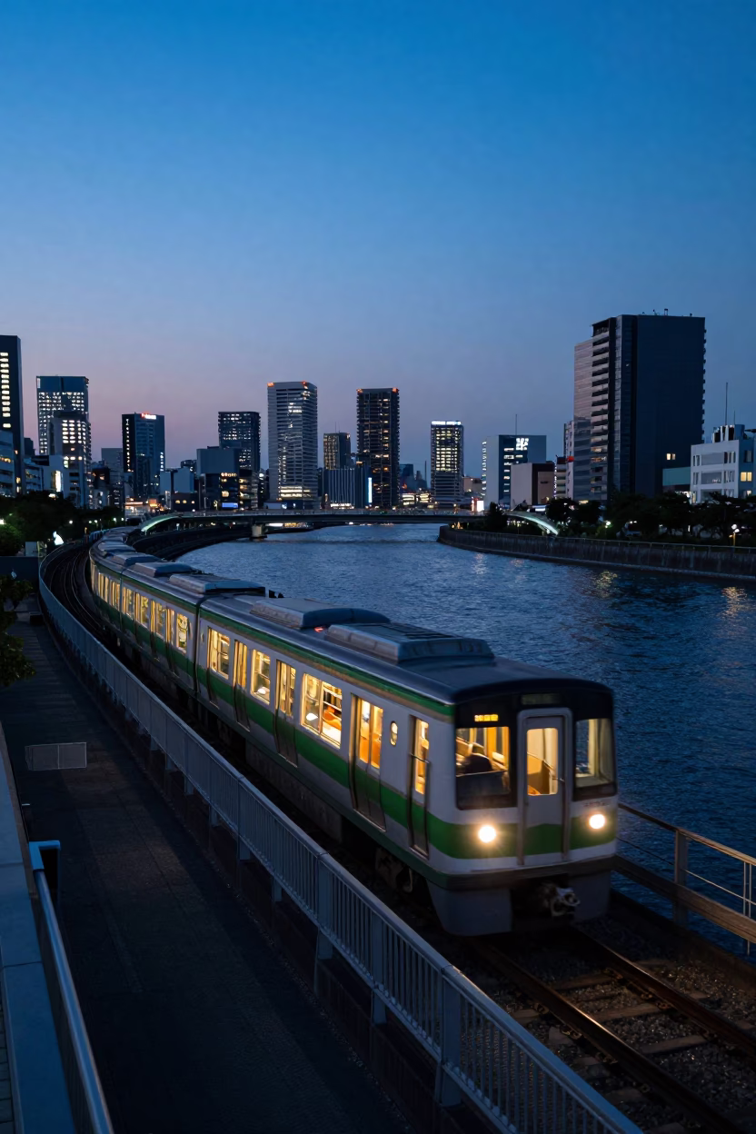 Dawn Monorail Sweeping Over River in Tokyo Japan Blue Hour Cityscape in in Tokyo, Japan