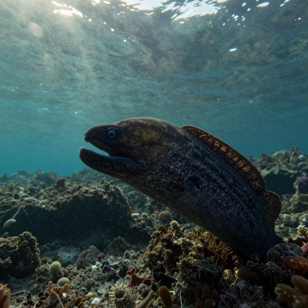 Dawn Moray Eel Amid Plankton Haze Volcanic Reef in beside a volcanic reef overhang near Zanzibar