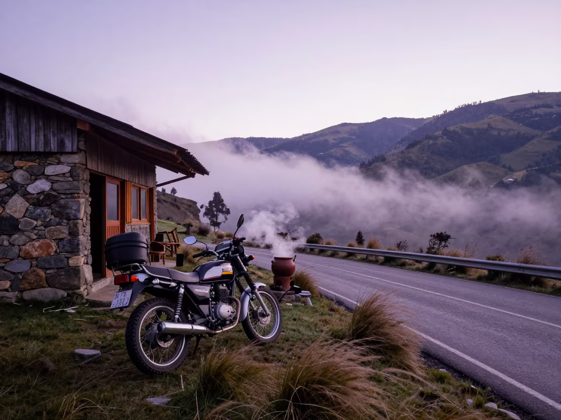 Dawn Motorcycle at Bogotá Mountain Teahouse in along a switchback approach near Bogotá