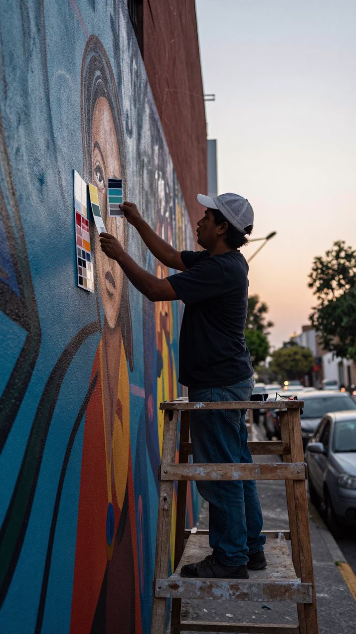 Dawn Muralist Painting Sample Swatches on Scaffold in Mexico City Street Scene in in Mexico City, Mexico
