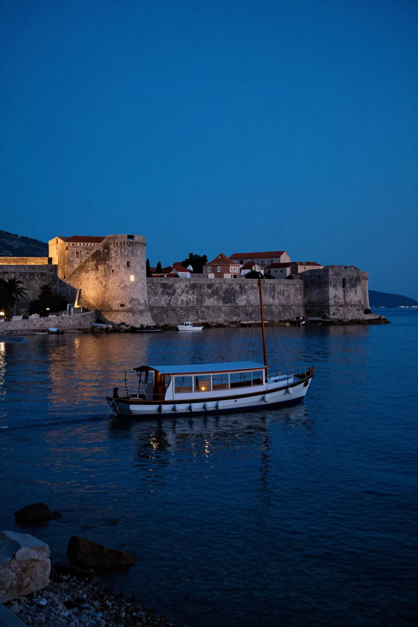 Dawn Narrowboat in Dubrovnik at The Still Hours Before Dawn Light in in Dubrovnik, Croatia