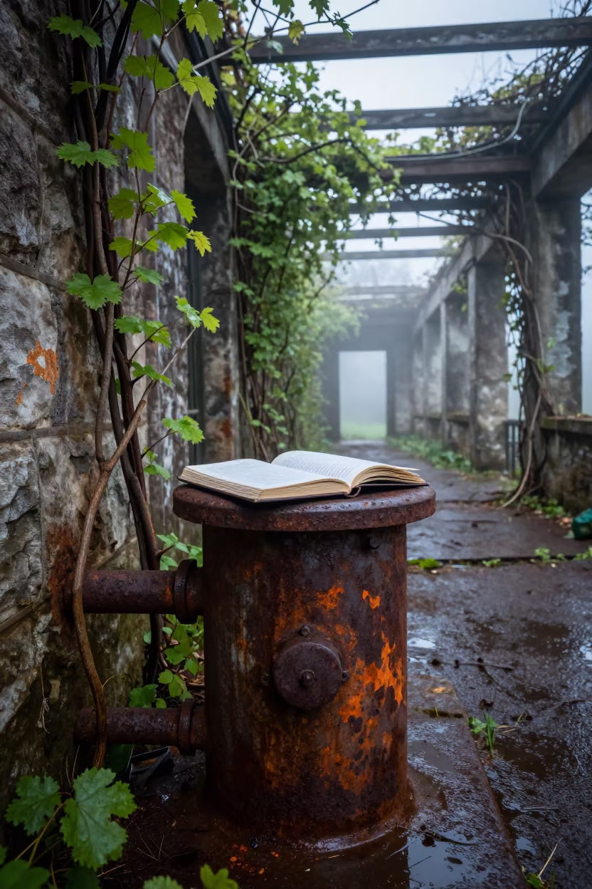 Dawn Notebook on Rusty Boiler in Vine Choked Corridor in along a vine-choked corridor in Washington