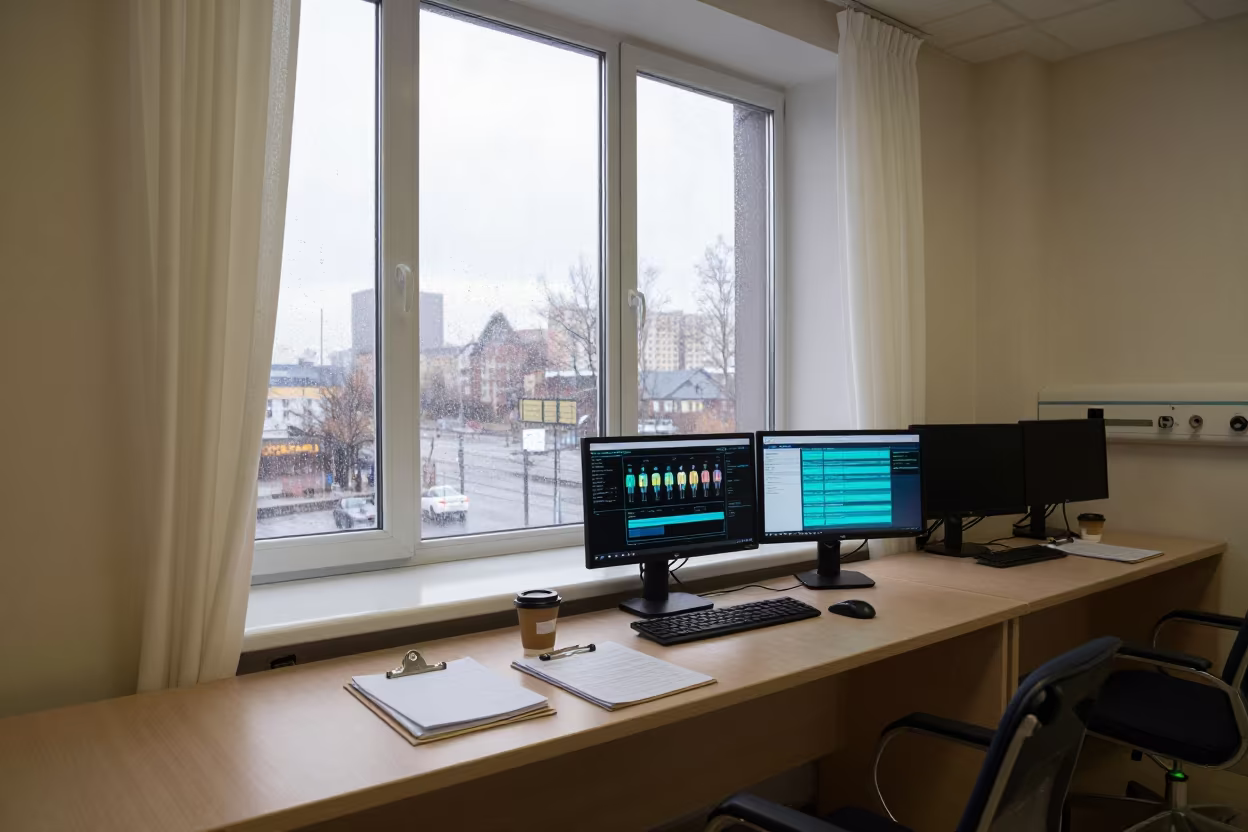 Dawn Nurse Station Vladivostok Waiting Room in at a nurse station under monitor glow in Vladivostok