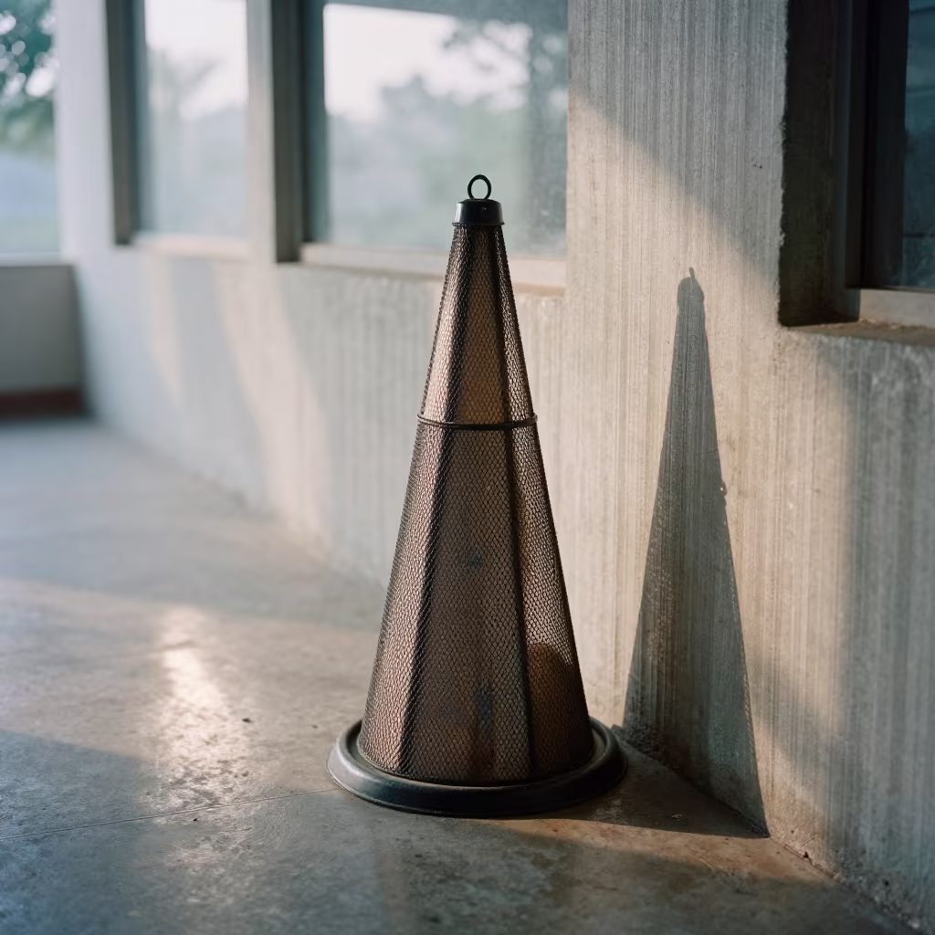 Dawn Obedience Cone Caddy in Concrete Lobby in inside a ribbed concrete lobby near Tiruchirappalli