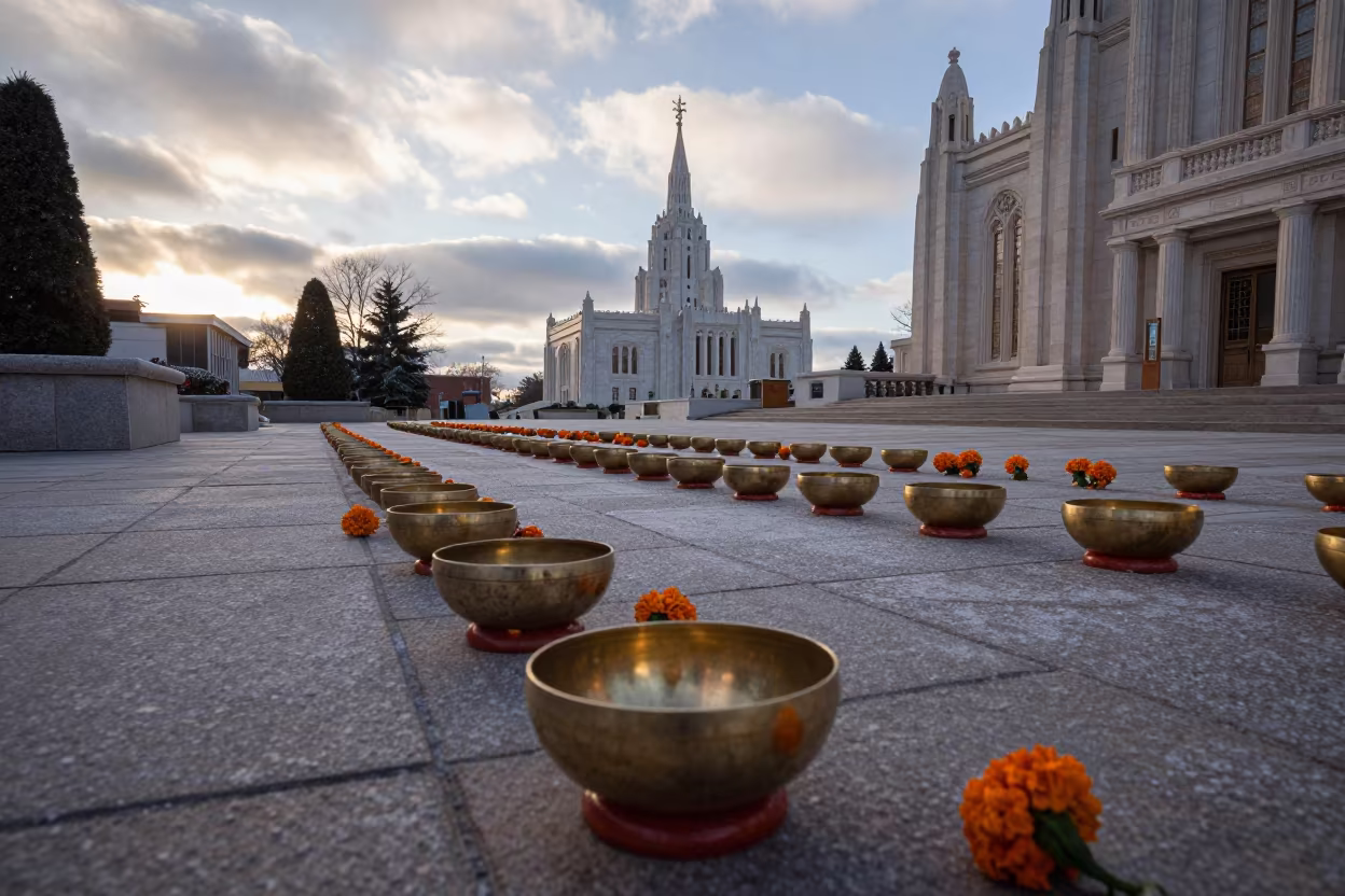 Dawn Offering Market Marigolds Brass Oklahoma in in a temple courtyard in Oklahoma City