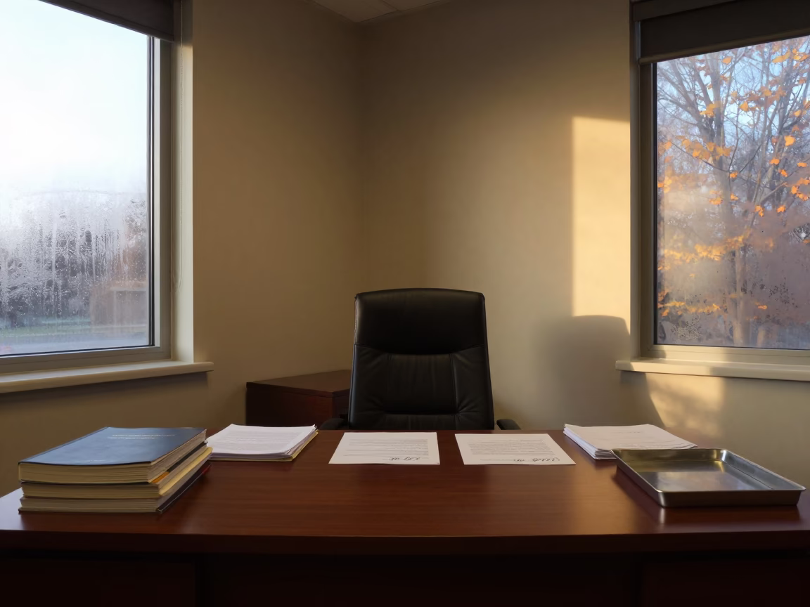 Dawn Office Desk with Books and Letters in in an operations center under monitor glow near Antalya