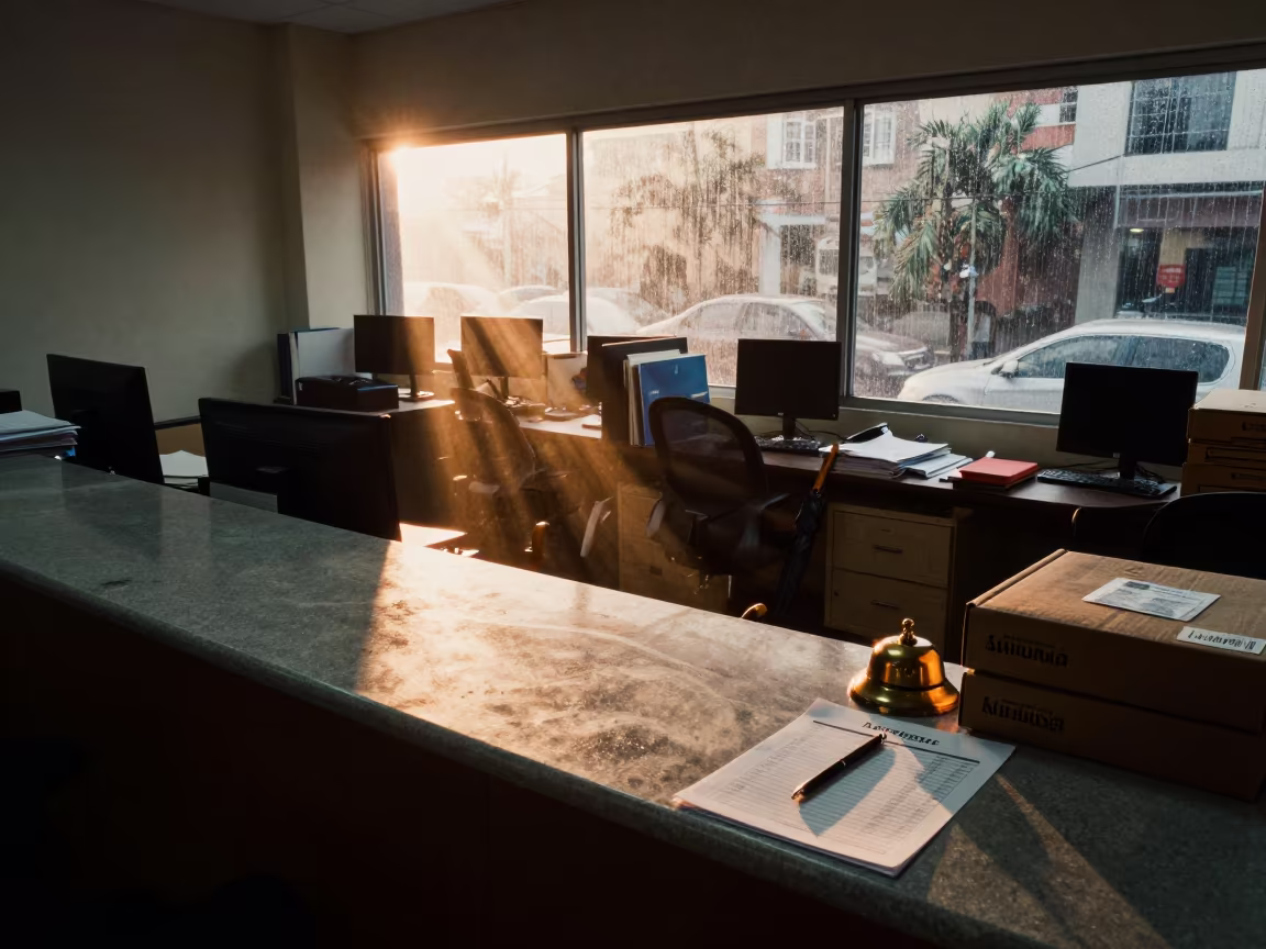 Dawn Office Desk with Rainy Season Light and Dust in inside a coworking floor near Lima