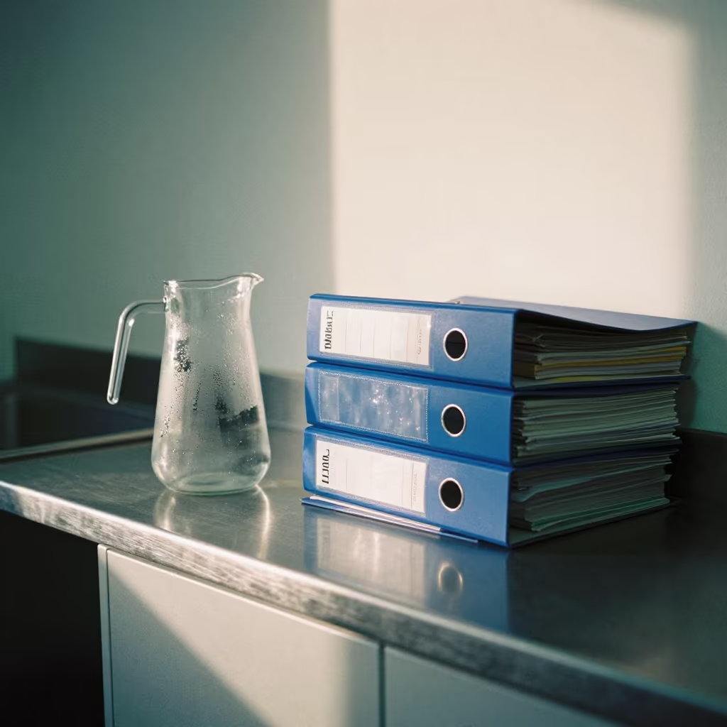 Dawn Office Kitchen Counter with Condensation and Binders in inside a coworking floor in Bizerte
