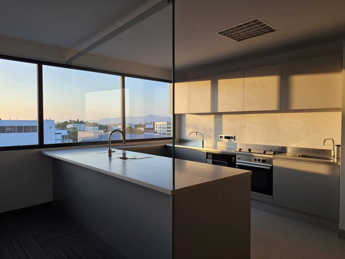 Dawn Office Kitchen Counter Symmetrical View in inside an open-plan office bay near Acapulco de Juárez