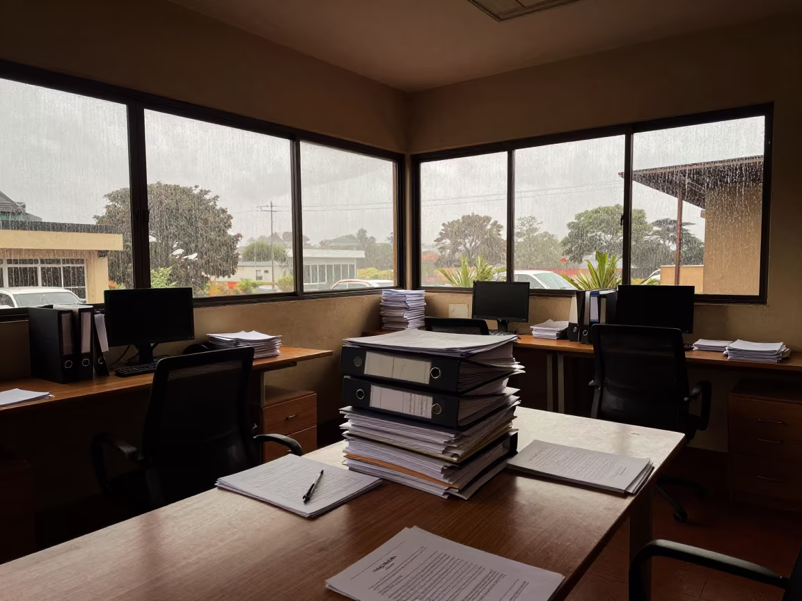 Dawn Office Review Table with Stacked Binders in inside an open-plan office bay near Bobo-Dioulasso