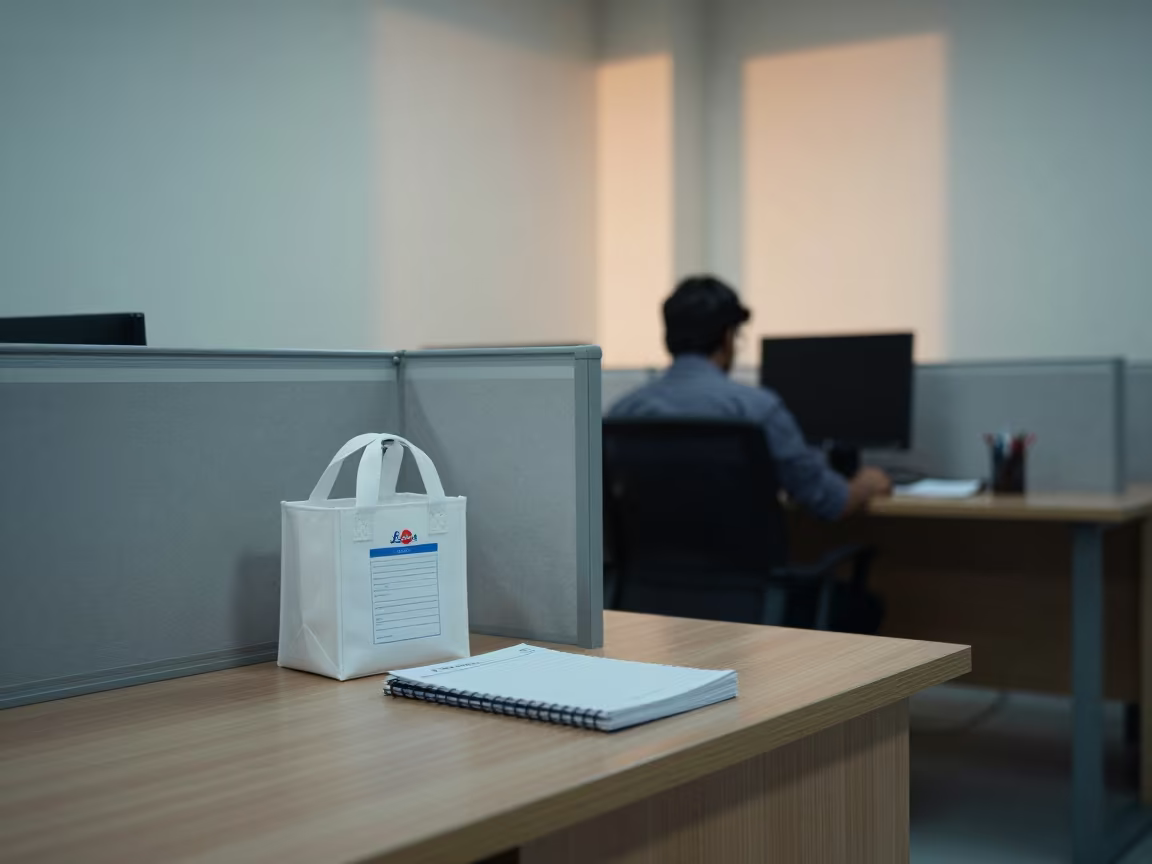 Dawn Office Sanitizer Tote on Shared Desk in inside an open-plan office bay in Visakhapatnam