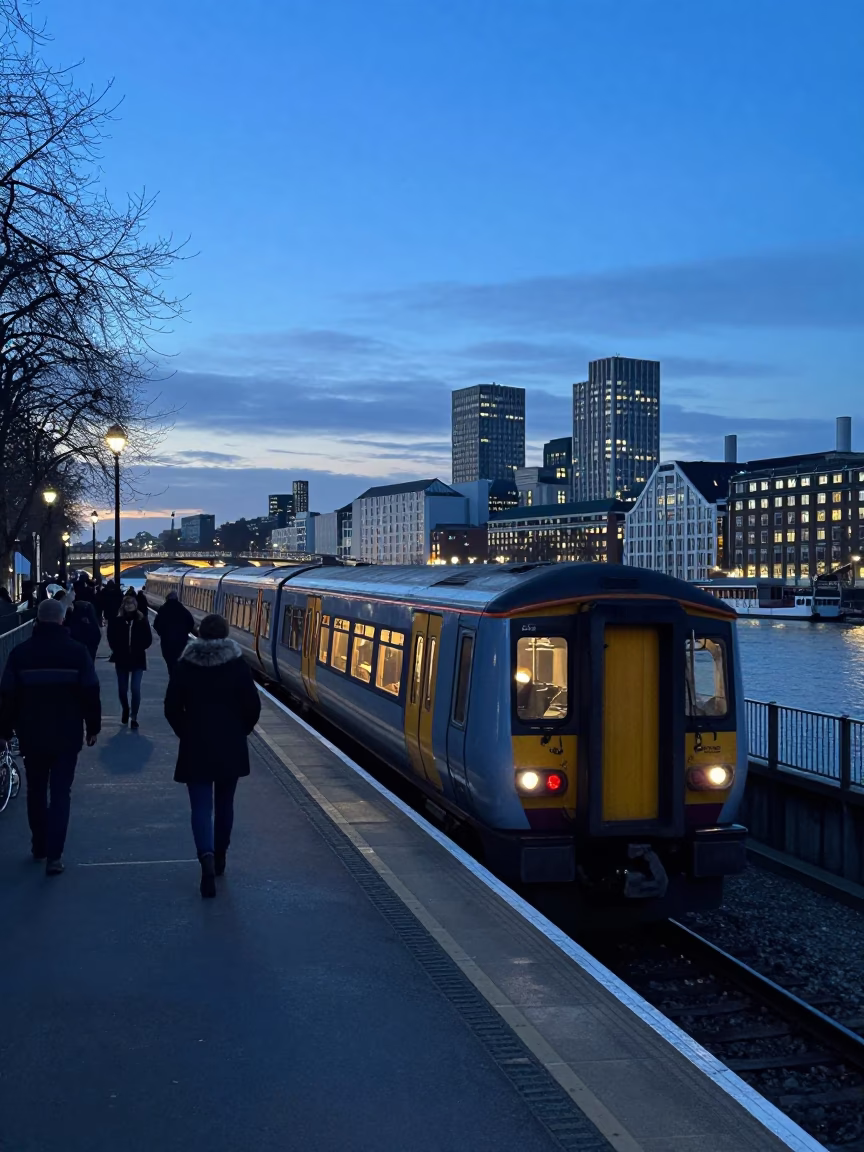 Dawn on the Thames Embankment with Vintage Commuter Train and Cobblestone Street in in London, United Kingdom