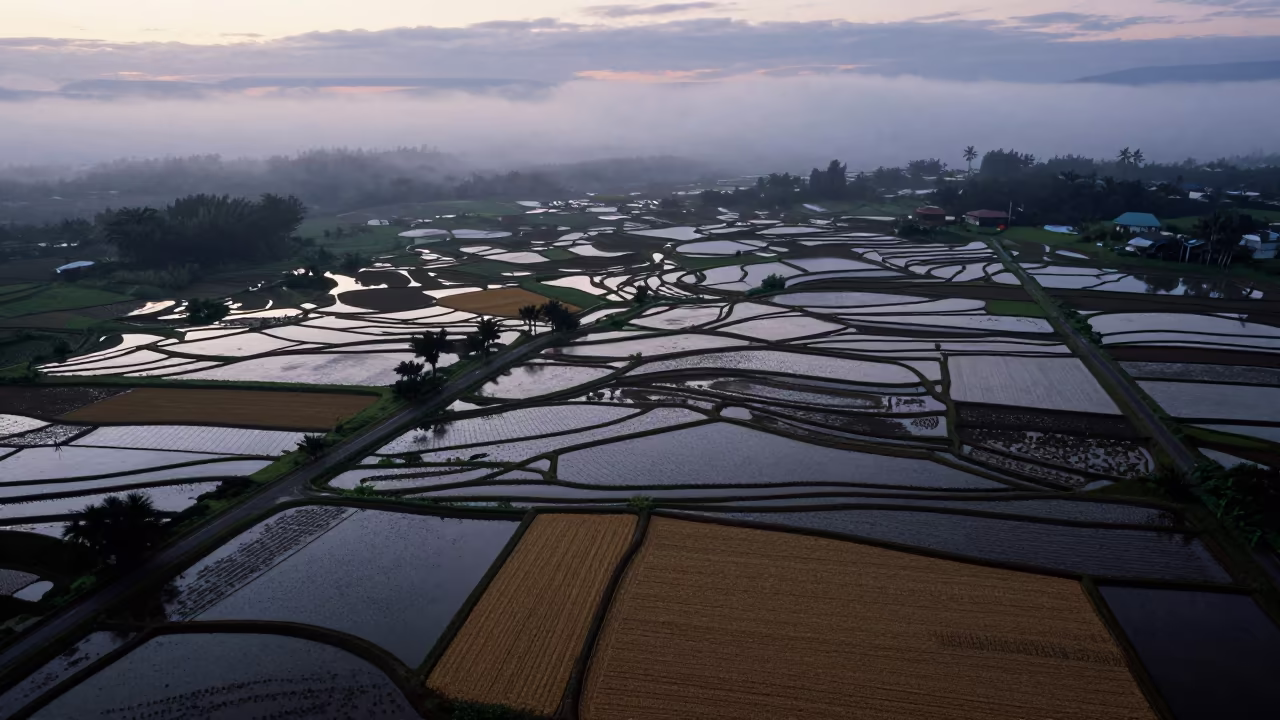 Dawn Over Hawaii Rice Terraces Fog in across a harvested grain field in Hawaii