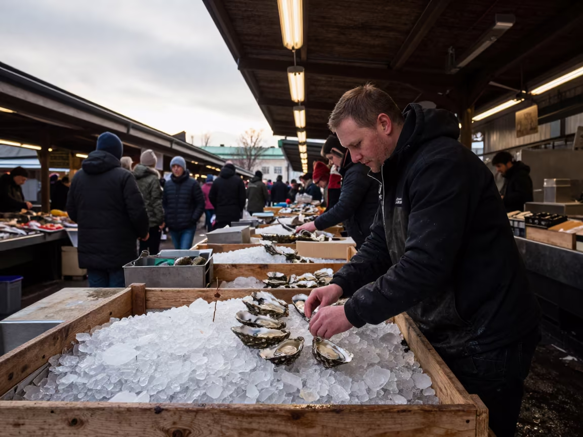 Dawn Oyster Vendor Arranging Seafood in Stockholm Market in in a covered bazaar aisle in Stockholm