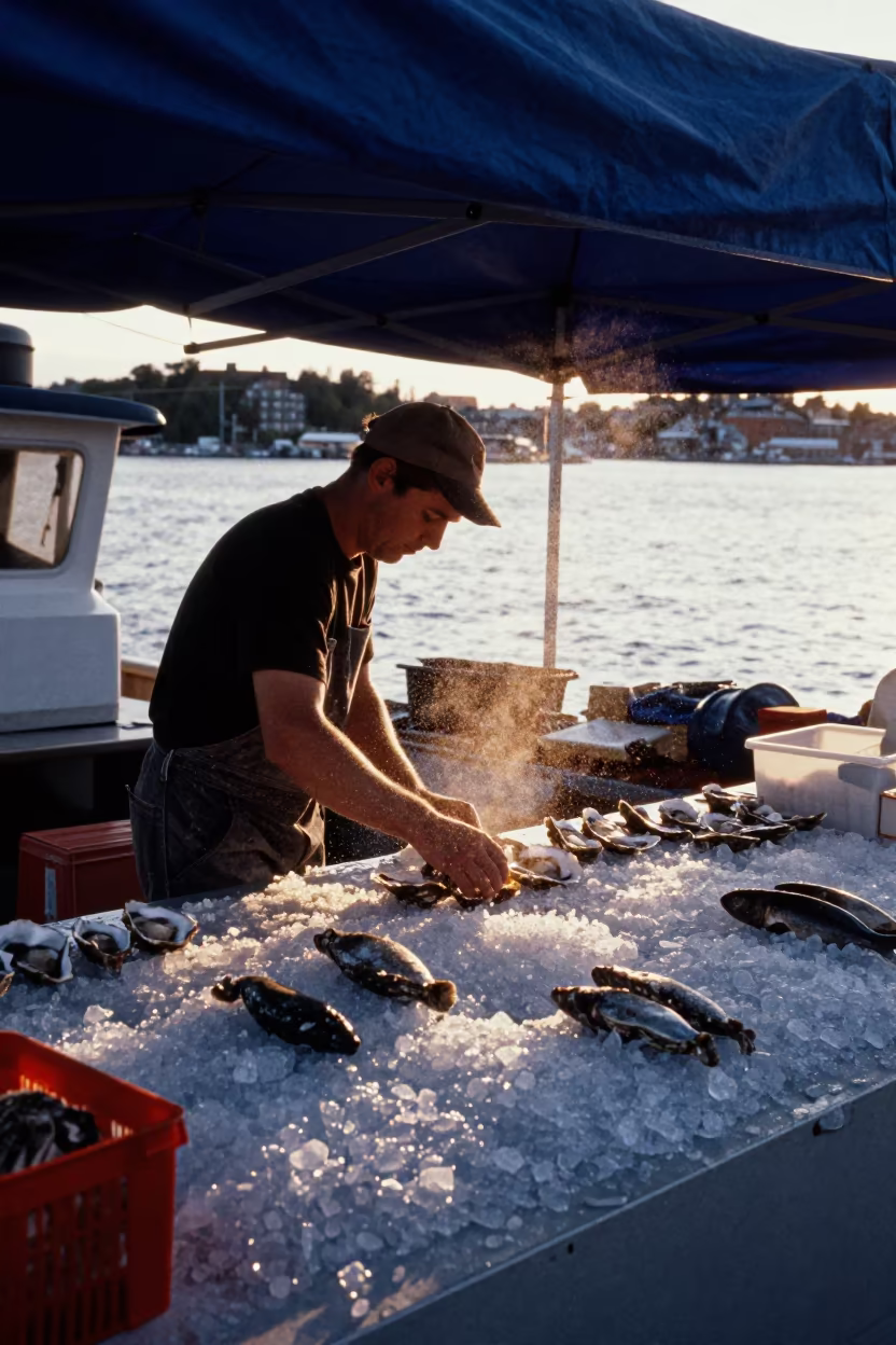 Dawn oyster vendor at Suomenlinna floating market in at a floating market boat in Suomenlinna, Helsinki