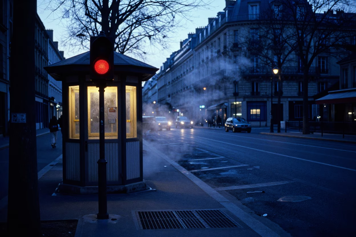 Dawn Paris Street Scene with Railway Signal Cabin and Condensation on Tabletop in in Paris, France