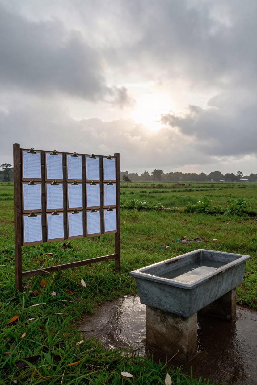 Dawn Light on Pasture Clipboard Wall Grenada in near a windbreak and water trough in Grenada
