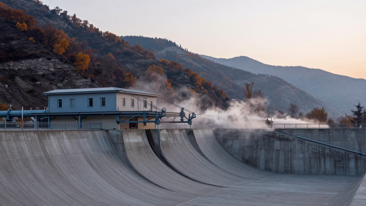 Dawn Penstock Valve House on Autumn Mountain Slope in above a spillway chute with spray rising in Bishkek