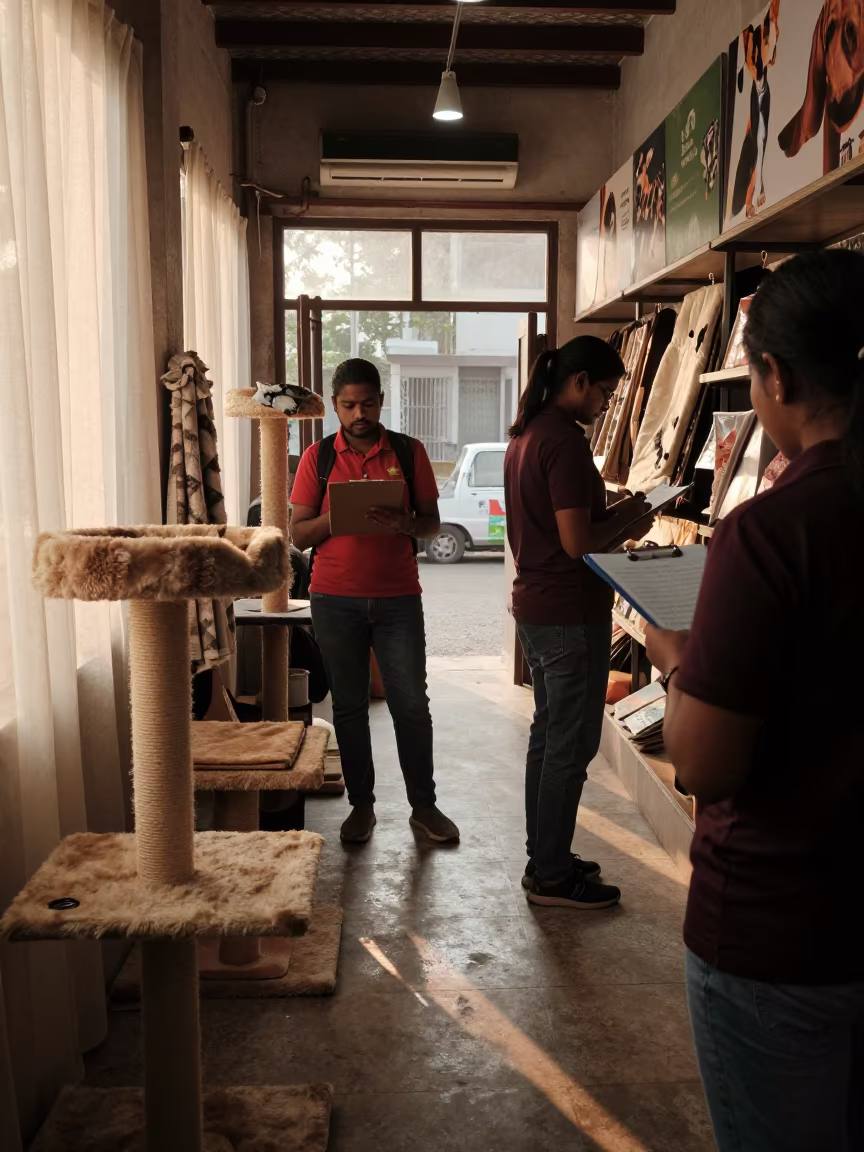 Dawn Pet Adoption Room Raipur Volunteers in inside a pet store aisle in Raipur