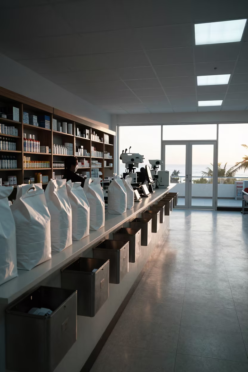 Dawn Pharmacy Counter with Medical Supplies in inside a hospital corridor in Playa del Carmen
