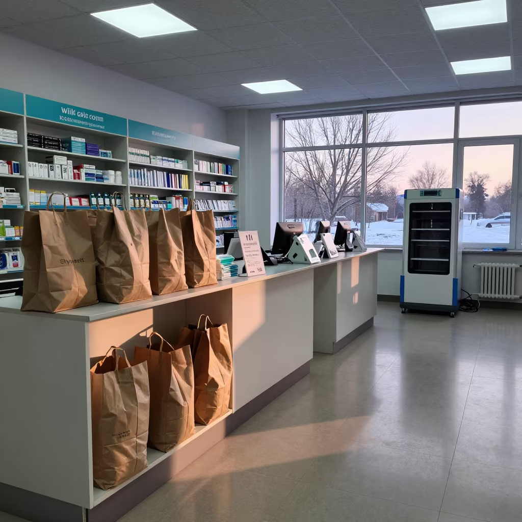 Dawn Pharmacy Counter with Will-Call Bins in inside an imaging suite near Shymkent
