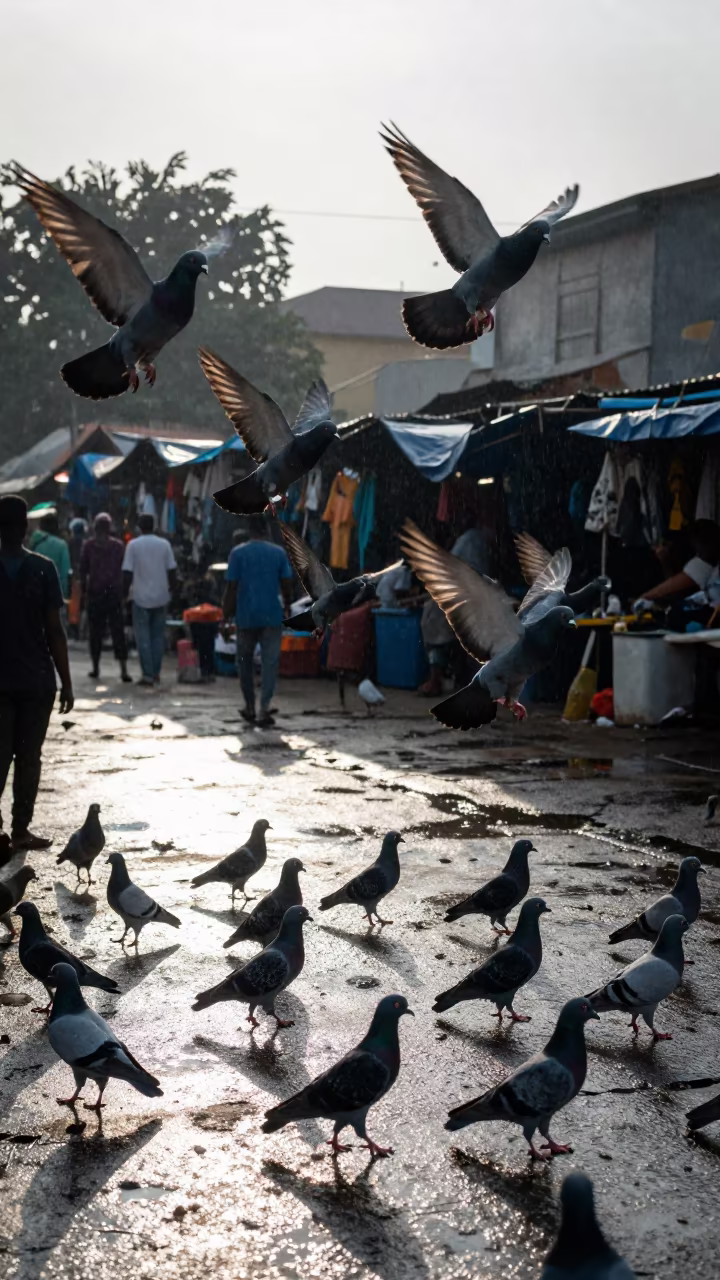 Dawn Pigeons Lift From Uyo Market Street Corner in along a market-lined side street in Uyo
